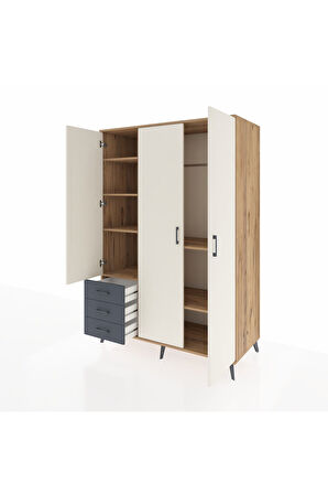 Kronos Dolap 6 Raflı 3 Çekmeceli Tek Askılı 132x59x195 Çam-Aytaşı/Antrasit