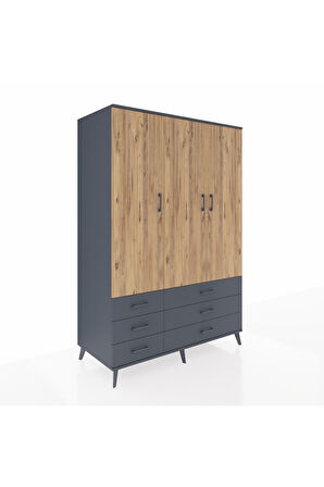 Kronos Dolap 5 Raflı 6 Çekmeceli Tek Askılı 132x59x195 Antrasit-Çam/Antrasit