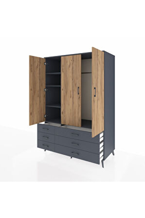 Kronos Dolap 5 Raflı 6 Çekmeceli Tek Askılı 132x59x195 Antrasit-Çam/Antrasit