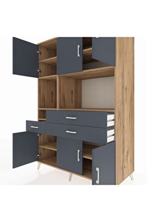 Kronos Dolap 9 Raflı 3 Çekmeceli 6 Kapaklı 132x59x195 Çam-Antrasit/Antrasit