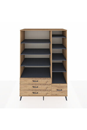 Kronos Dolap 9 Raflı 4 Çekmeceli  132x59x195 Çam-Antrasit/Çam