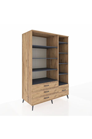 Kronos Dolap 9 Raflı 4 Çekmeceli  132x59x195 Çam-Antrasit/Çam