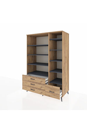Kronos Dolap 9 Raflı 4 Çekmeceli  132x59x195 Çam-Antrasit/Çam