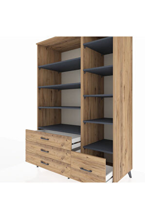 Kronos Dolap 9 Raflı 4 Çekmeceli  132x59x195 Çam-Antrasit/Çam