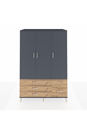 Kronos Dolap 5 Raflı 5 Çekmeceli Tek Askılı 132x59x195 Antrasit-Antrasit/Çam