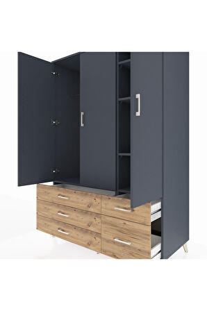 Kronos Dolap 5 Raflı 5 Çekmeceli Tek Askılı 132x59x195 Antrasit-Antrasit/Çam