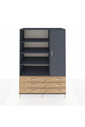 Kronos Dolap 8 Raflı 6 Çekmeceli Tek Kapaklı  132x59x195 Antrasit-Antrasit/Çam