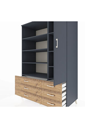 Kronos Dolap 8 Raflı 6 Çekmeceli Tek Kapaklı  132x59x195 Antrasit-Antrasit/Çam