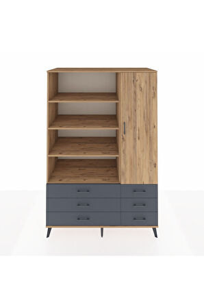 Kronos Dolap 8 Raflı 6 Çekmeceli Tek Kapaklı  132x59x195 Çam-Çam/Antrasit