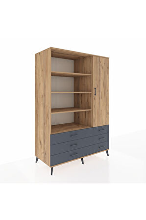 Kronos Dolap 8 Raflı 6 Çekmeceli Tek Kapaklı  132x59x195 Çam-Çam/Antrasit