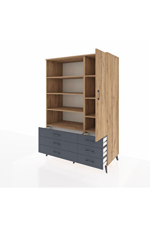 Kronos Dolap 8 Raflı 6 Çekmeceli Tek Kapaklı  132x59x195 Çam-Çam/Antrasit