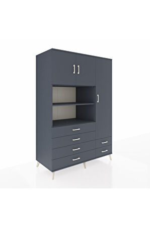 Kronos Dolap 9 Raflı 6 Çekmeceli 3 Kapaklı 132x59x195 Antrasit-Antrasit/Antrasit