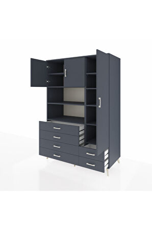 Kronos Dolap 9 Raflı 6 Çekmeceli 3 Kapaklı 132x59x195 Antrasit-Antrasit/Antrasit