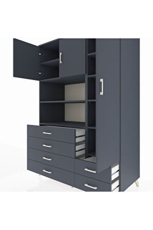 Kronos Dolap 9 Raflı 6 Çekmeceli 3 Kapaklı 132x59x195 Antrasit-Antrasit/Antrasit