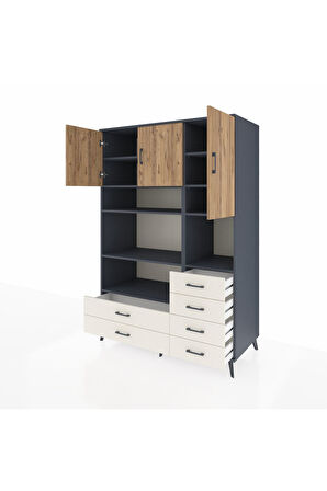 Kronos Dolap 9 Raflı 6 Çekmeceli 3 Kapaklı 132x59x195 Antrasit-Çam/Aytaşı