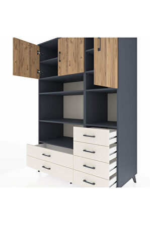 Kronos Dolap 9 Raflı 6 Çekmeceli 3 Kapaklı 132x59x195 Antrasit-Çam/Aytaşı