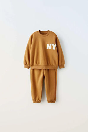 Unisex Çocuk Pamuklu Hardal "NY" Nakışlı Sweatshirt Eşofman Alt-Üst Takım - Rahat Kalıp