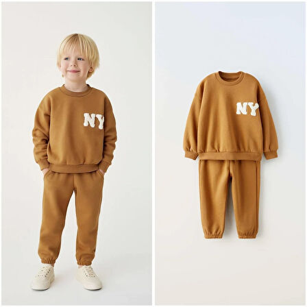 Unisex Çocuk Pamuklu Hardal "NY" Nakışlı Sweatshirt Eşofman Alt-Üst Takım - Rahat Kalıp