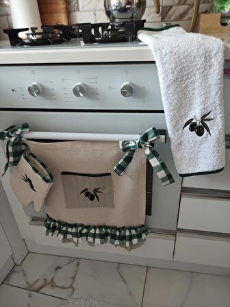 Zeytin Nakışlı, Fırfırlı, Buldan keten Fırın Örtüsü ve Önlüğü