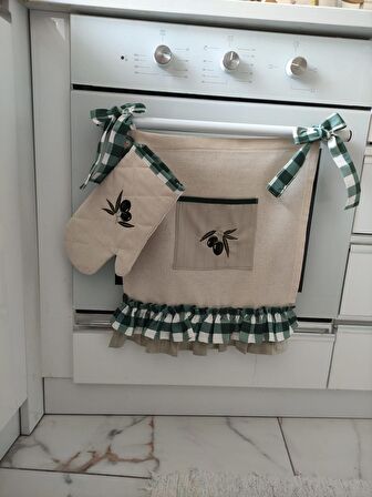 Zeytin Nakışlı, Fırfırlı, Buldan keten Fırın Örtüsü ve Önlüğü