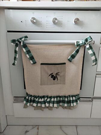 Zeytin Nakışlı, Fırfırlı, Buldan keten Fırın Örtüsü ve Önlüğü