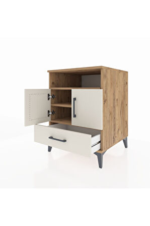 Kronos Komodin 3 Raflı Tek Çekmeceli 2 Kapaklı 60x59x80 Çam-Aytaşı