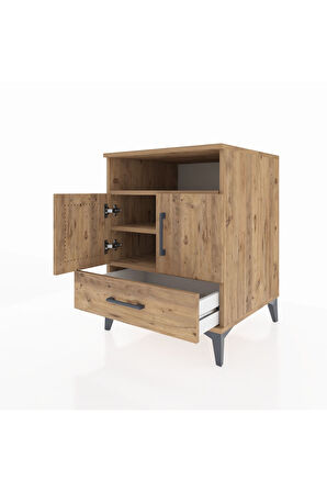 Kronos Komodin 3 Raflı Tek Çekmeceli 2 Kapaklı 60x59x80 Çam-Çam