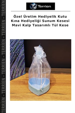 Özel Üretim Hediyelik Kutu Kına Hediyeliği Sunum Kesesi Mavi Kalp Tasarımlı Tül Kese