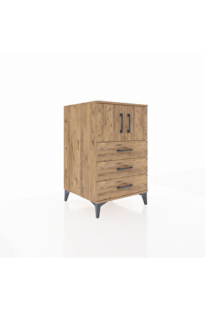 Kronos Komodin Tek Raflı 3 Çekmeceli 2 Kapaklı 60x59x96 Çam-Çam