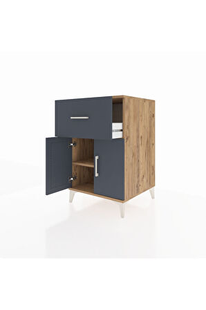 Kronos Komodin Tek Raflı Tek Çekmeceli 2 Kapaklı 60x59x96 Çam-Antrasit