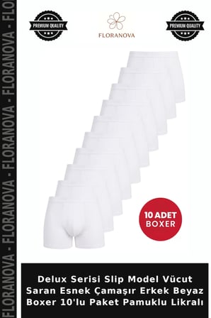 Delux Serisi Slip Model Vücut Saran Esnek Çamaşır Erkek Beyaz Boxer 10'lu Paket Pamuklu Likralı