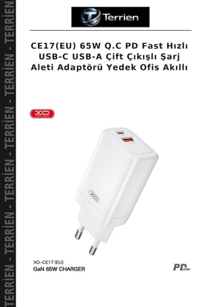 CE17(EU) 65W Q.C PD Fast Hızlı USB-C USB-A Çift Çıkışlı Şarj Aleti Adaptörü Yedek Ofis Akıllı
