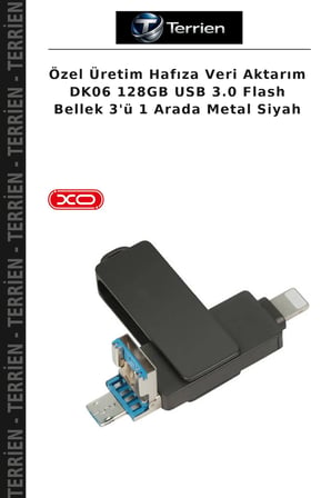 Özel Üretim Hafıza Veri Aktarım DK06 128GB USB 3.0 Flash Bellek 3'ü 1 Arada Metal Siyah