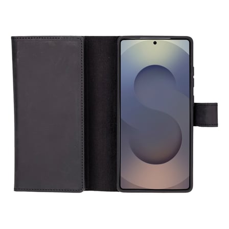 Samsung Galaxy S25 Ultra uyumlu, Hakiki Deri, El Yapımı, Cüzdanlı Kılıf, Mat Siyah