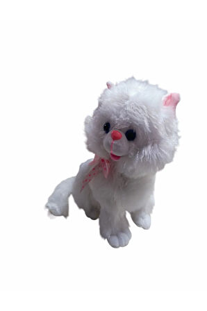 Peluş Oyuncak Oturan Tombul Sevimli Sesli Peluş Beyaz Kedi 45 cm