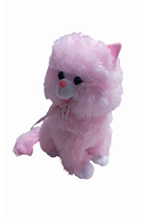 Peluş Oyuncak Oturan Tombul Sevimli Sesli Peluş Pembe Kedi 45 cm