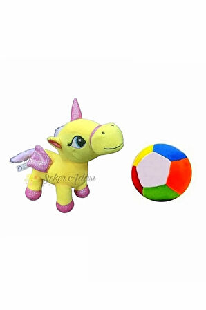 Peluş Sarı Unicorn Pony At 20 cm ve Peluş Top 12 cm - 2 Ürün 1 Arada Oyuncak