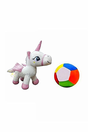 Peluş Beyaz Unicorn Pony At 20 cm ve Peluş Top 12 cm - 2 Ürün 1 Arada Oyuncak