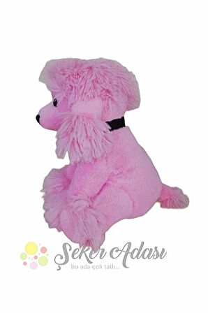 Sevimli Oturan Pembe Tüylü Peluş Püskül Süs Köpek 30 Cm