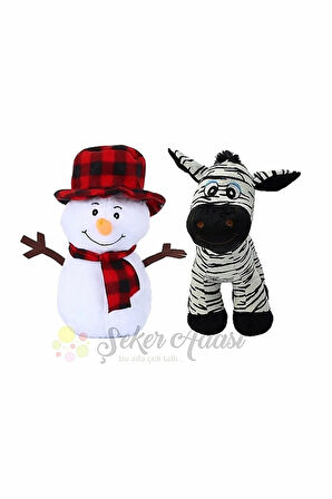 Peluş Kardan Adam 25 Cm ve Çizgili Zebra 25 Cm Yılbaşı Kış Dekoratif Hediye Süsleme