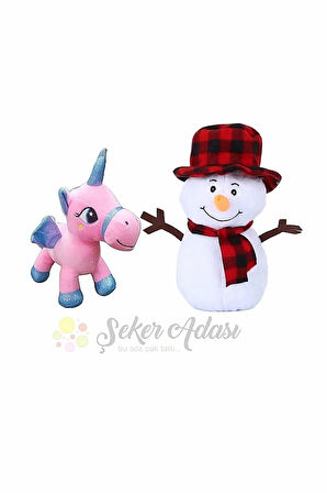 Peluş Kardan Adam 25 Cm ve Pony Unicorn At 18 Cm Yılbaşı Kış Dekoratif Hediye Süsleme