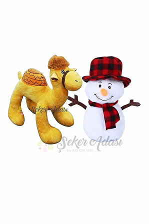 Peluş Kardan Adam 25 Cm ve Deve 28 Cm Yılbaşı Kış Dekoratif Hediye Süsleme