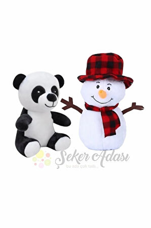 Peluş Kardan Adam 25 Cm ve Ayı Panda 20 Cm Yılbaşı Kış Dekoratif Hediye Süsleme
