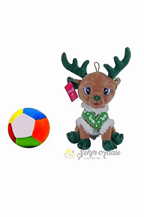 Peluş Yılbaşı Geyik 28 cm ve Peluş Top 12 cm - 2 Ürün 1 Arada Oyuncak
