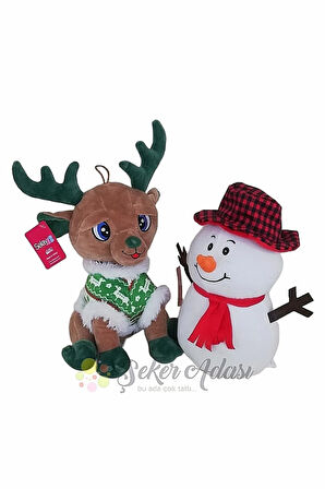 Sevimli Peluş Geyik 28 Cm ve Peluş Kardan Adam 25 Cm İkili Oyuncak Set Hediyelik