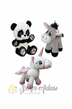 Küçük Peluş Panda-Eşek-Unicorn Pony At 15 Cm Üçlü Peluş Oyuncak