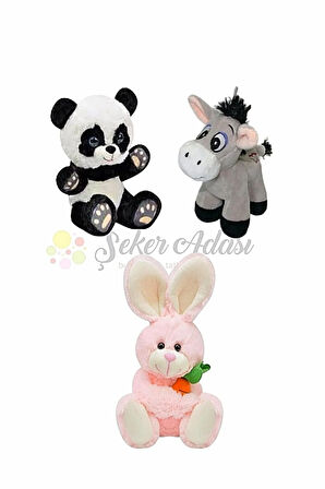 Küçük Peluş Panda-Eşek-Tavşan 15 Cm Üçlü Peluş Oyuncak