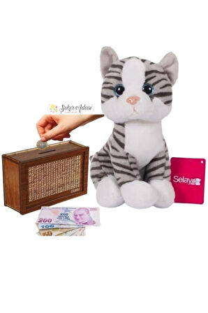 Sevimli Kedi 25 Cm Peluş Oyuncak Ve Ahşap Hedefli Kumbara Para Biriktirme Kutusu