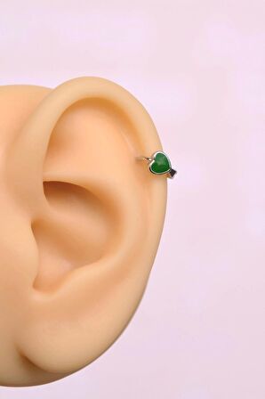 Yeşil Kalpli Halka Tragus Piercing Helix Kıkırdak Küpesi Gümüş Renkli