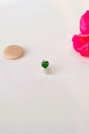 Yeşil Kalpli Halka Tragus Piercing Helix Kıkırdak Küpesi Gümüş Renkli